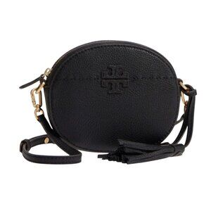Tory Burch McGraw Round Crossbody Shoulder Bag Purse Womens Black Leather Gold